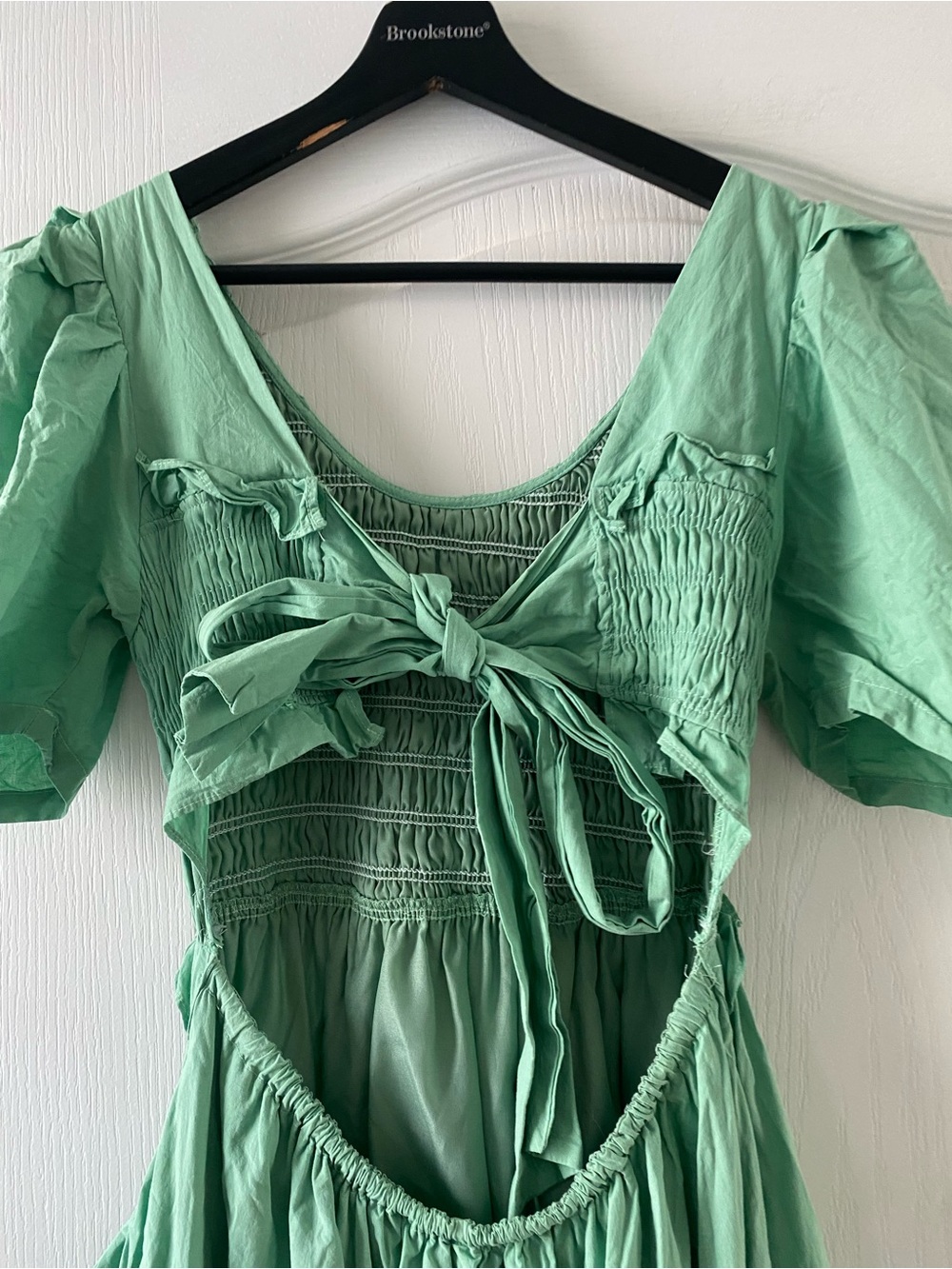 &Merci Sage Green Smocked Open Tie Back Tiered Puff Sleeve Coquette Midi Dress S - Picture 11 of 14